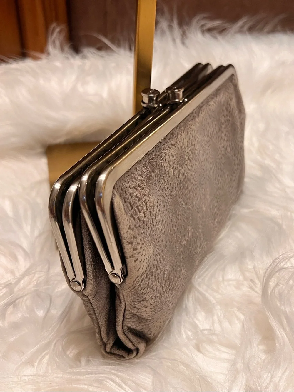 HOBO  international Taupe Patterned Frame Clutch with Silver-Tone Trim